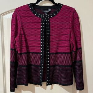 MING WANG Embroidered Studded Open Front Cardigan Pink Black Women’s Size SP